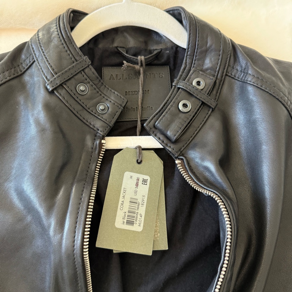 Men’s AllSaints Black Leather Zip Front Bomber Jacket - Picture 4 of 4